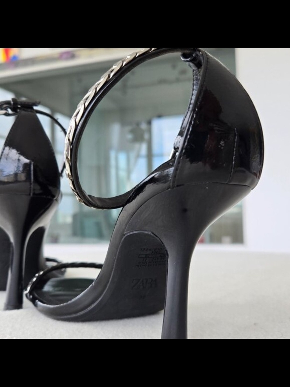 Zara Black Patent Chain-Strap Heeled Sandals — Sz 38 (US 7.5/8) - Picture 14 of 15